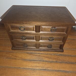 Vintage Wood 3 Drawer Jewelry Box Mid-century Chest Gold Velvet Lined Japan Box